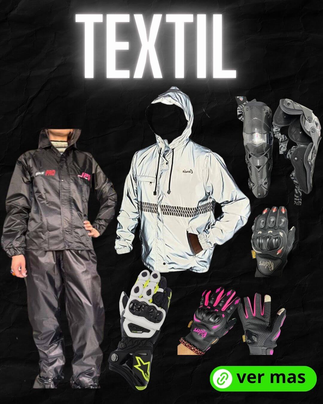 chaqueta reflectiva, impermeables, guante, rodilleras para motociclistas